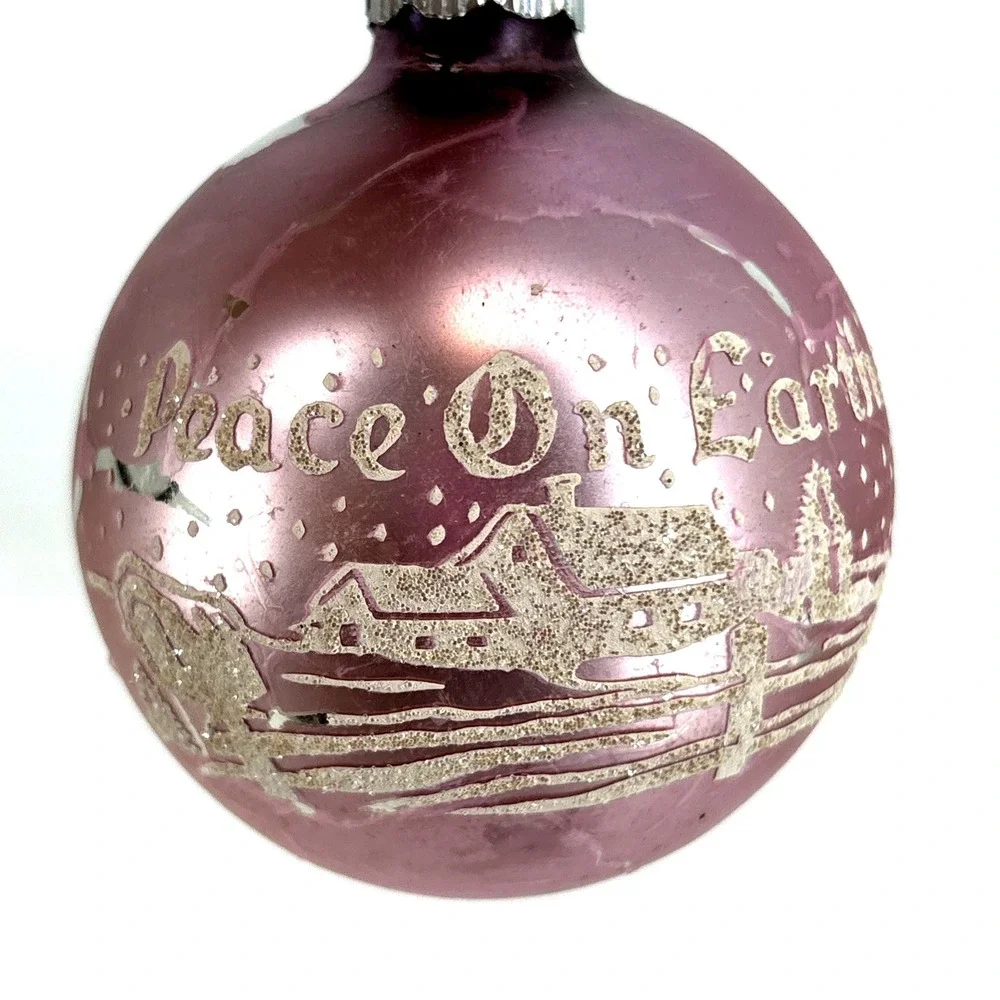 Vintage Shiny Brite Peace On‎ Earth Farm Stencil Lilac Glass Christmas Ornament